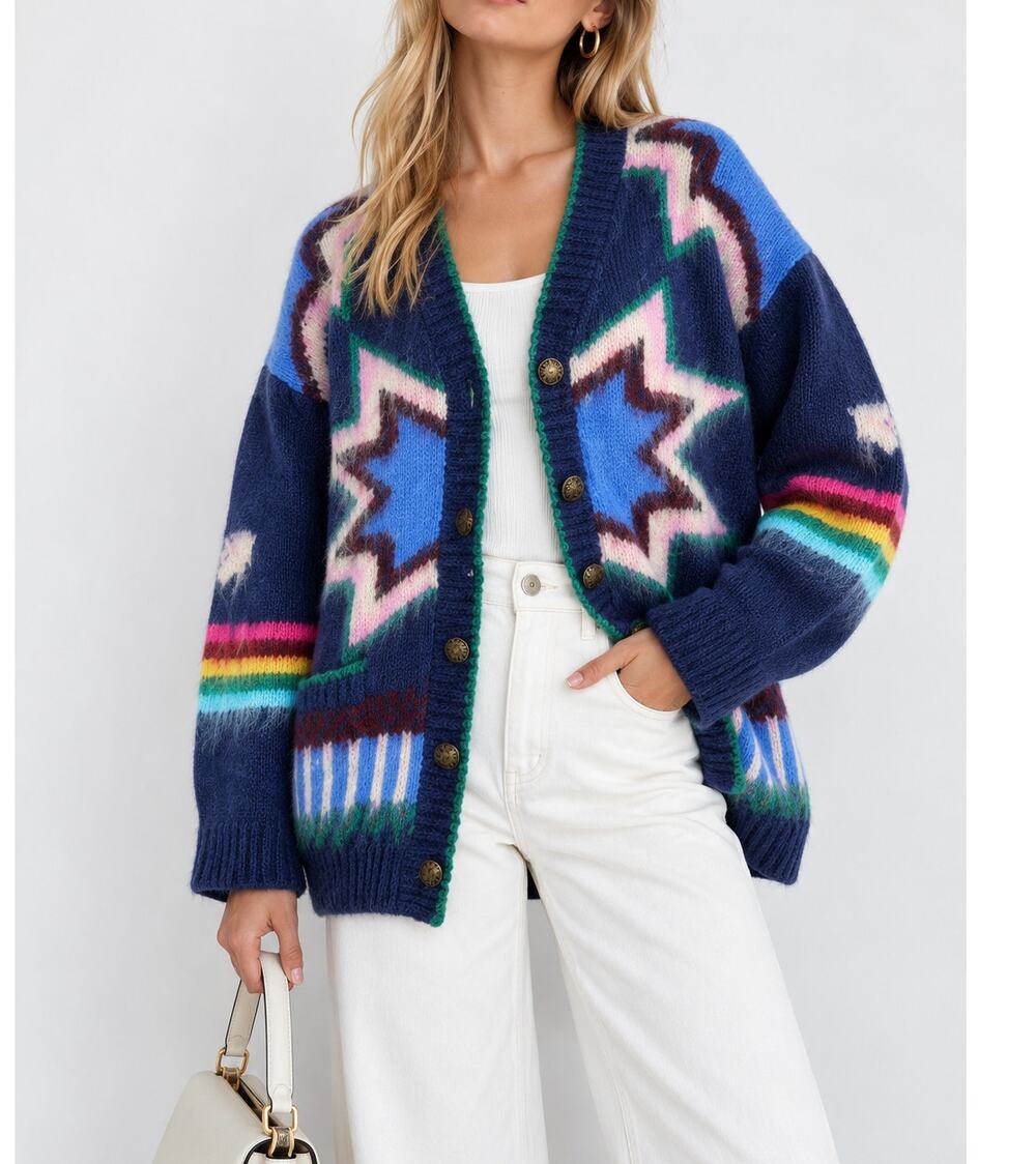 Commense Cashwool Boho Geometric Oversized Cardigan Navy Multicolor S